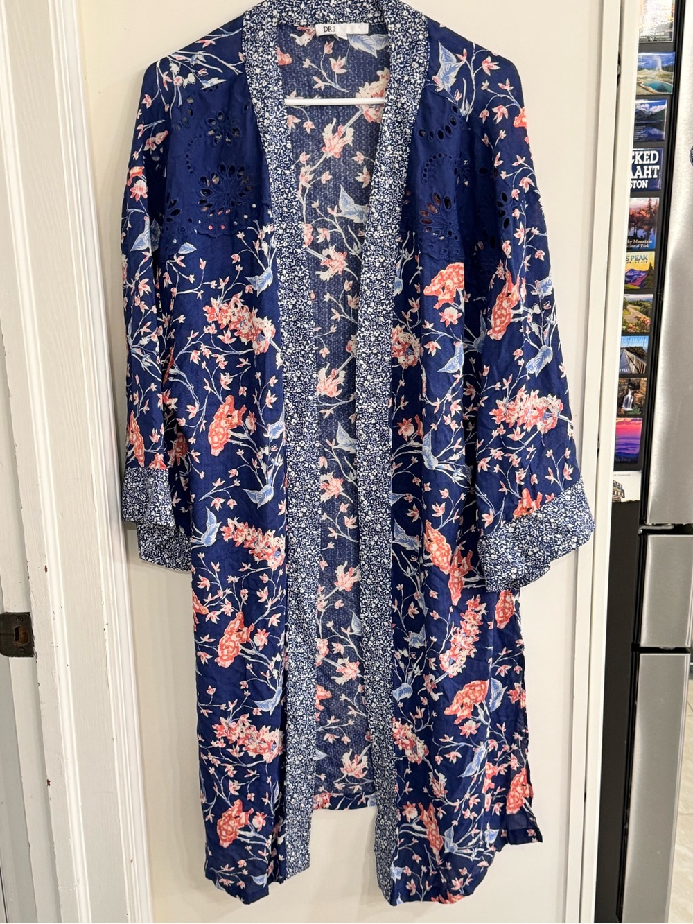 DR2 Navy Floral Kimono Robe with Pink and Cream Flowers